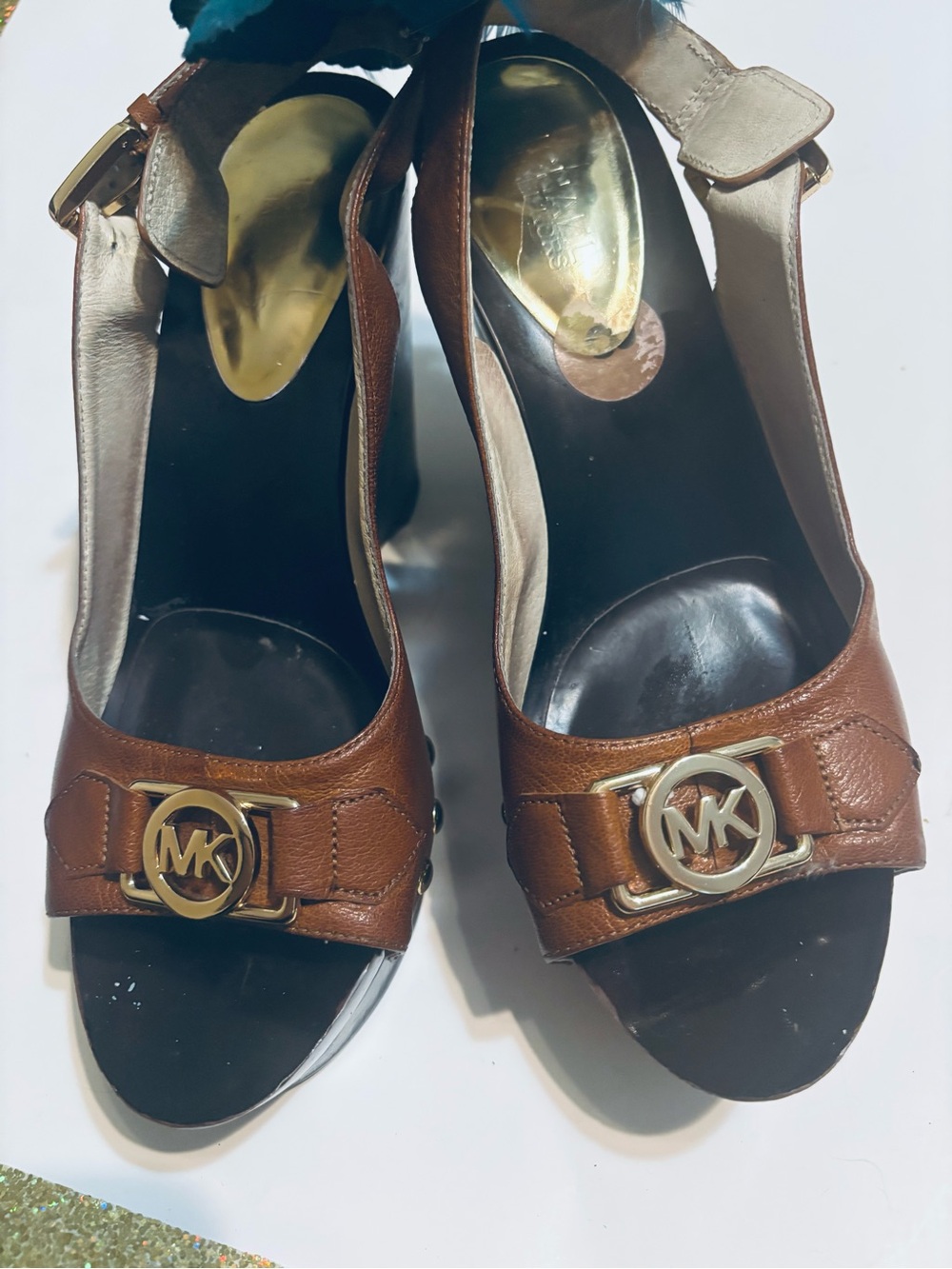 Michael Kors Brown Leather MK Logo Open-Toe Slingback Heels
